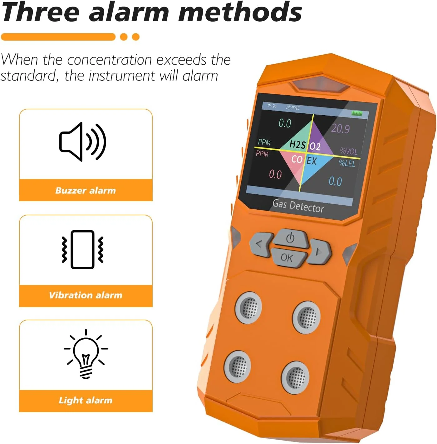 دستگاه مانیتور 4 گازه، قابل تشخیص O2 CO، H2S و LEL. نمایش داده های منحنی گاز چند کاناله به صورت لحظه ای. صفحه نمایش LCD رنگی HD. دارای آلارم های لرزشی، دیداری و شنیداری.