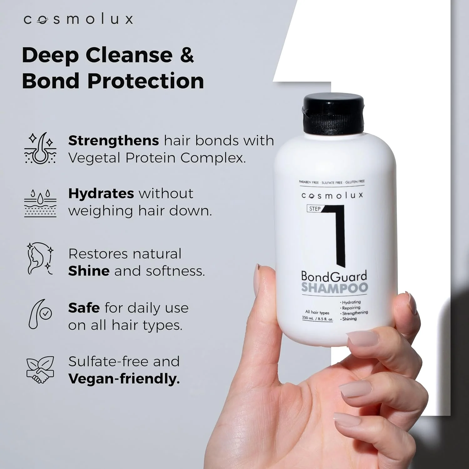 شامپو شفاف کننده BondGuard Cosmolux برای بانوان - شامپو حجم دهنده، آبرسان و ضخیم کننده برای موهای نازک و کم پشت - تقویت کننده و ترمیم کننده - فرمولاسیون بدون سولفات، 250 میلی لیتر شامپو شفاف کننده BondGuard Cosmolux برای بانوان - شامپو حجم دهنده، آبرسان و ضخیم کننده برای موهای نازک و کم پشت - تقویت کننده و ترمیم کننده - فرمولاسیون بدون سولفات، 250 میلی لیتر