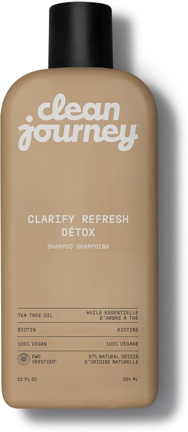 شامپو مو کلین جورنی Clarify Refresh Detox، دارای گواهینامه EWG، غنی شده با روغن درخت چای و بیوتین، برای موهای چرب + تجمع آلودگی، مواد اولیه تمیز، وگان، رایحه تازه، 355 میلی لیتر