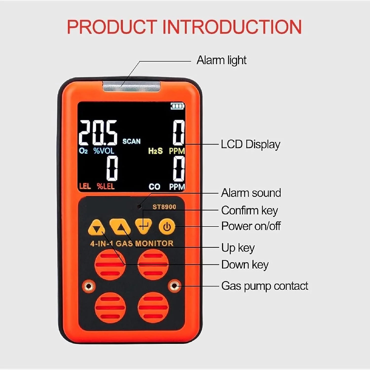 دستگاه تشخیص گاز چندگانه قابل حمل ADORZ، مانیتور گاز دستی 4 در 1 O2/CO/H2S/LEL با صفحه نمایش LCD، آنالیزور تست گاز قابل شارژ با حالت هشدار صوتی، نوری و لرزشی