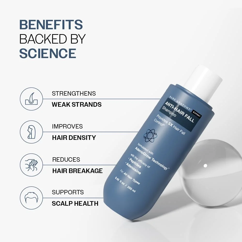 شامپو ضد ریزش مو Bare Anatomy | کنترل 5 برابری ریزش مو | حاوی آدنوزین و پپتیدها | مناسب برای انواع مو | فاقد سولفات و پارابن | مسدود کننده DHT و محرک رشد مو | برای خانم ها و آقایان | 250 میلی لیتر