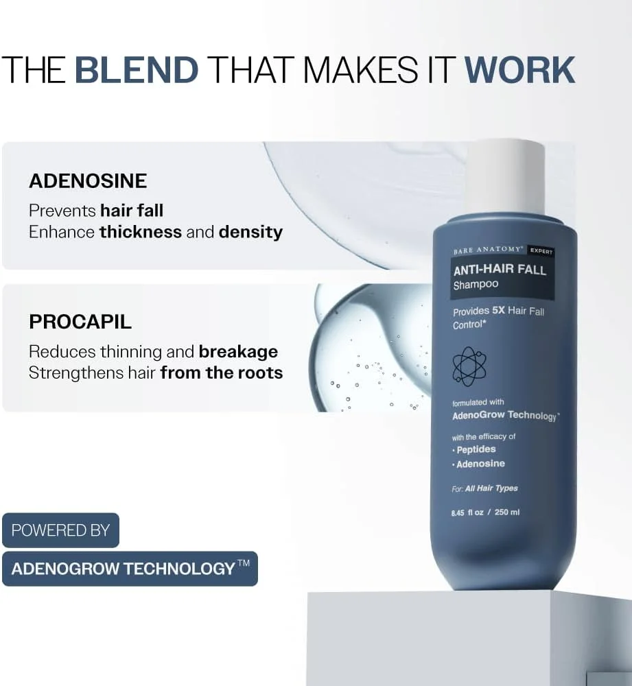شامپو ضد ریزش مو Bare Anatomy | کنترل 5 برابری ریزش مو | حاوی آدنوزین و پپتیدها | مناسب برای انواع مو | فاقد سولفات و پارابن | مسدود کننده DHT و محرک رشد مو | برای خانم ها و آقایان | 250 میلی لیتر