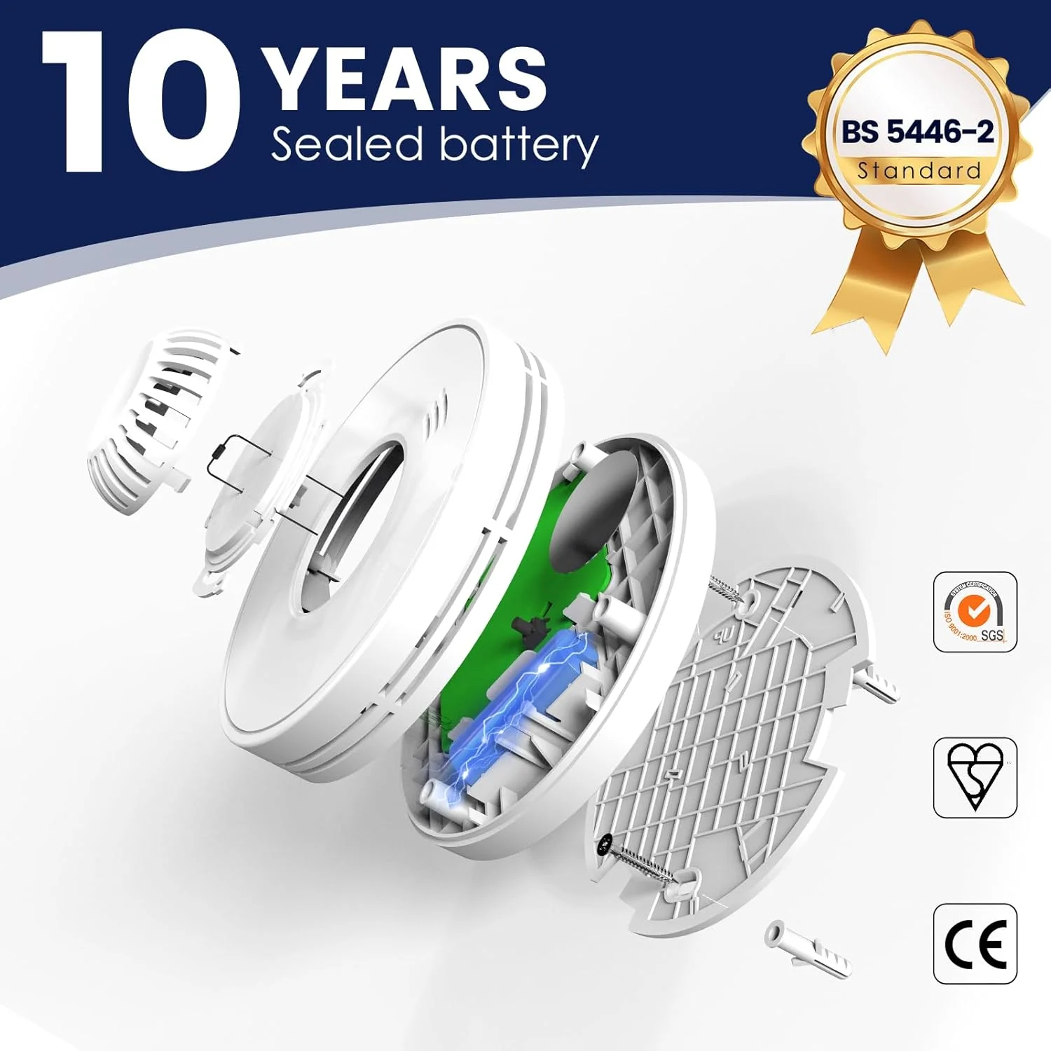 آشکارساز حرارتی مستقل Sensereo با باتری مهر و موم شده 10 ساله، مناسب برای خانه و محل کار، به همراه بسته نصب، مطابق با استاندارد BS 5446-2:2003