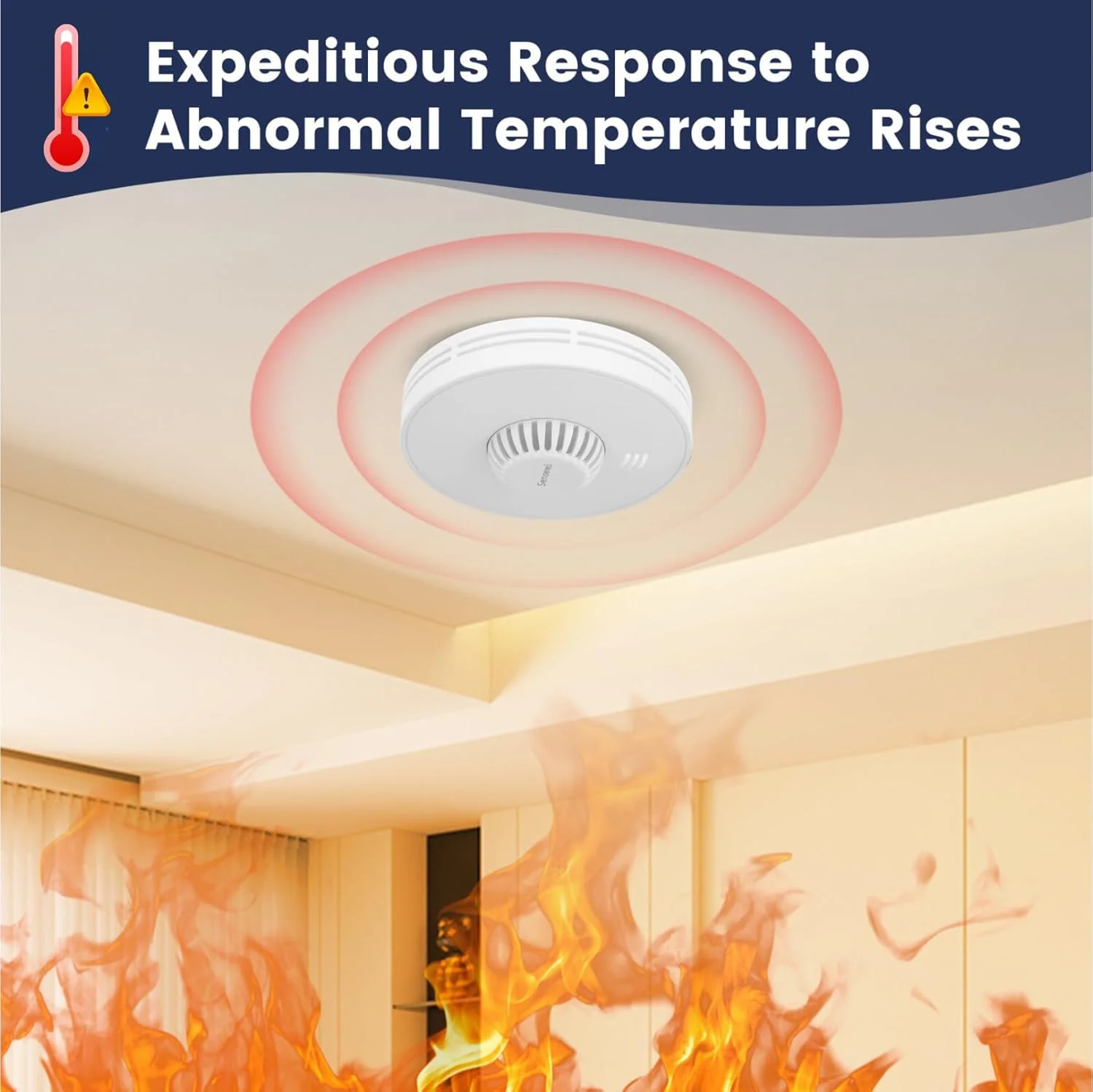 آشکارساز حرارتی مستقل Sensereo با باتری مهر و موم شده 10 ساله، مناسب برای خانه و محل کار، به همراه بسته نصب، مطابق با استاندارد BS 5446-2:2003