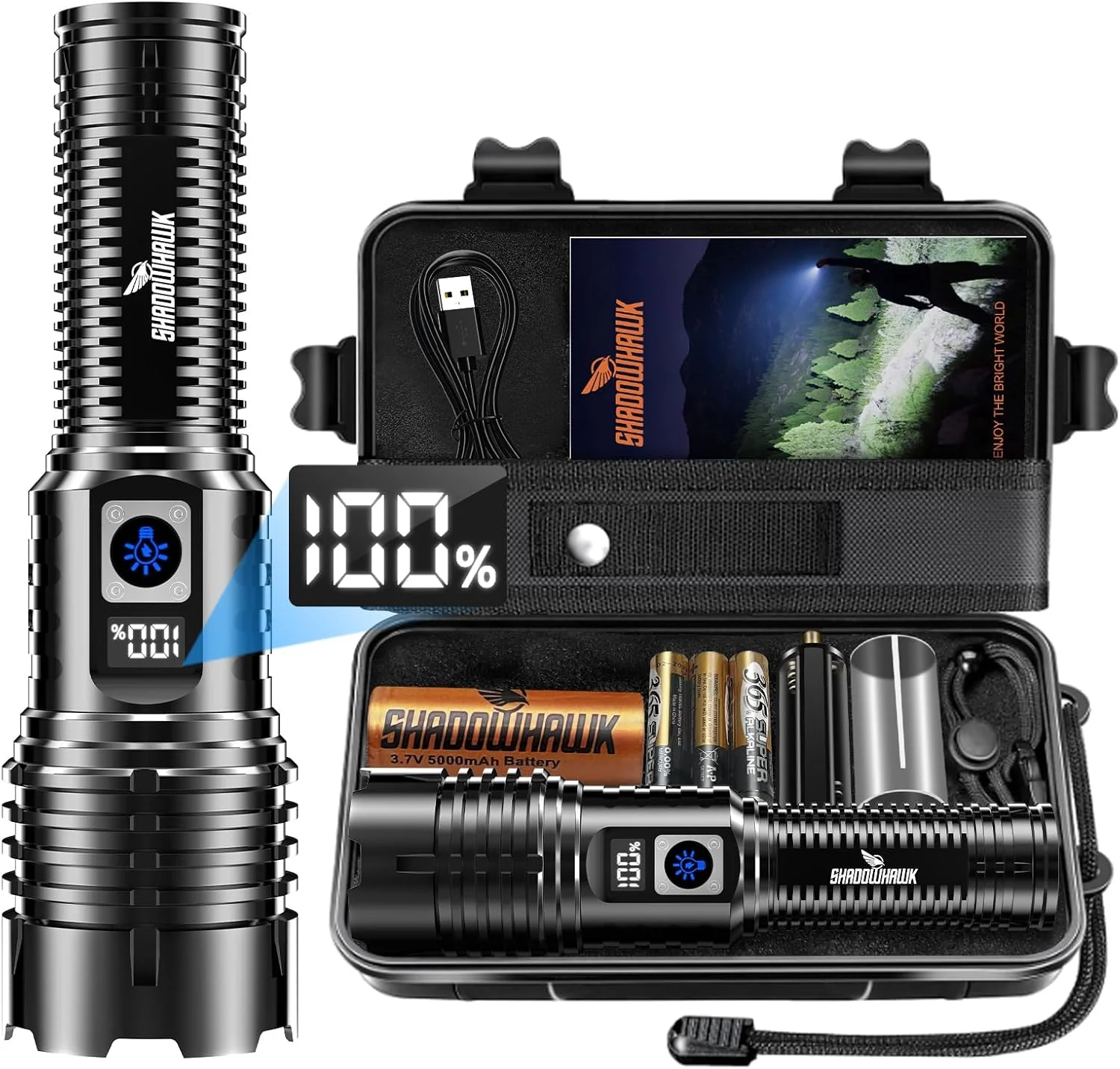 چراغ قوه شارژی Shadowhawk، چراغ قوه تاکتیکی LED با 20000 لومن، چراغ قوه LED XHM77.2 با قدرت بالا، چراغ قوه دستی USB قدرتمند برای کمپینگ، پیاده روی و مواقع اضطراری