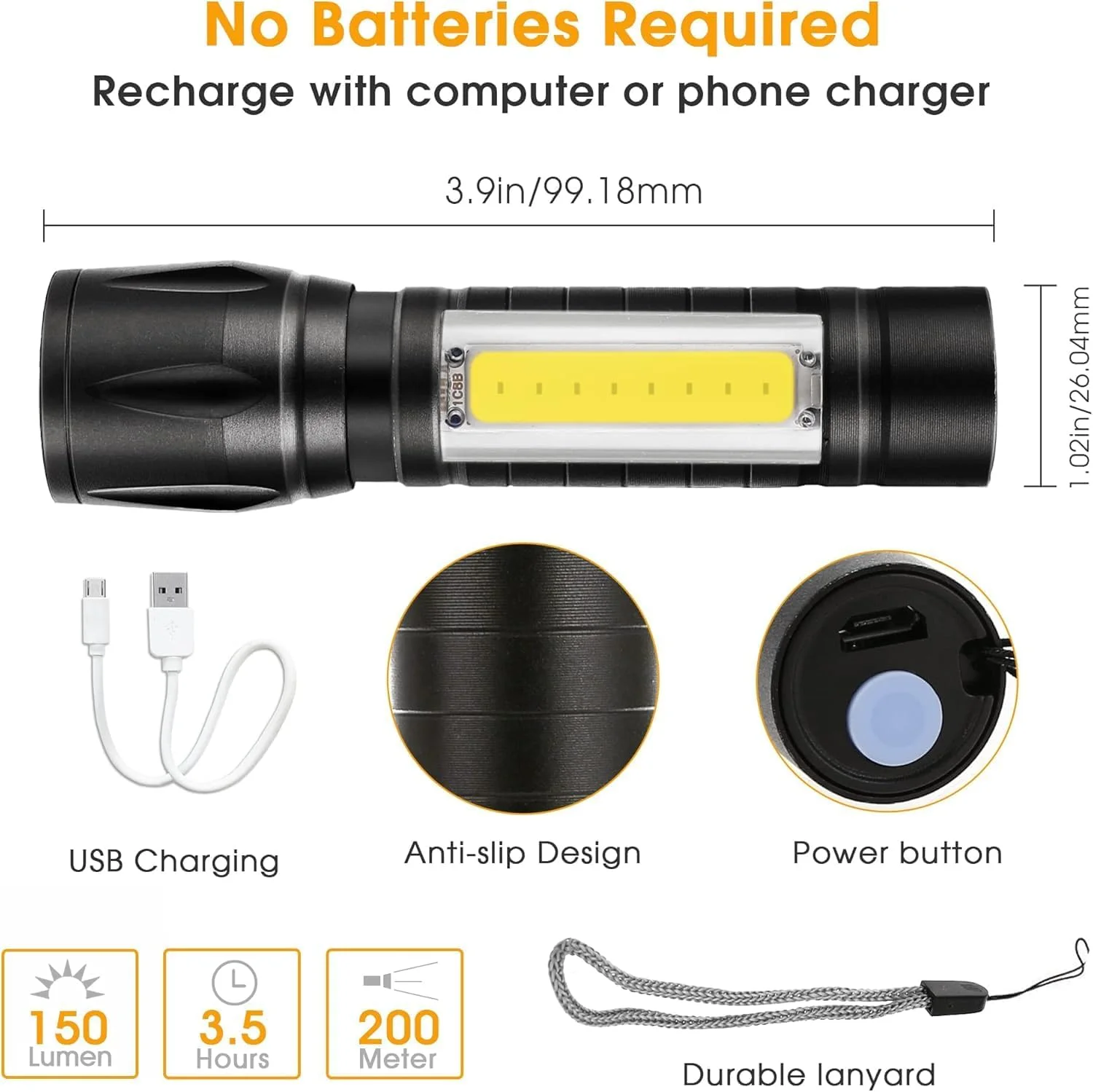 چراغ قوه مینی LED شارژی، چراغ قوه کوچک جیبی با 3 حالت نوردهی، چراغ قوه کوچک، زوم دار، ضد آب، روشنایی قابل تنظیم برای فضای باز، مواقع اضطراری، تاکتیکی و لوازم جانبی کمپینگ