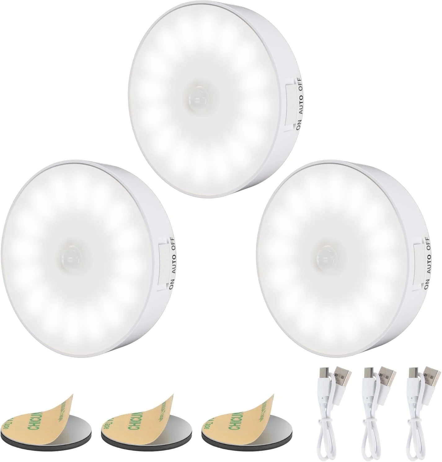 چراغ‌های حسگر حرکتی 14 LED داخلی، بسته 3 عددی چراغ‌های روشن زیر کابینتی، چراغ‌های کمدی بی‌سیم با باتری قابل شارژ، چراغ مغناطیسی پاک برای پله‌ها، آشپزخانه، دیوار، راهروها - سفید 6000K