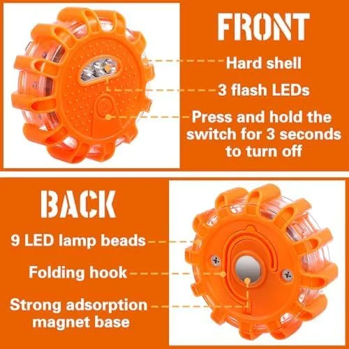 2 عدد چراغ اضطراری LED جاده ای قابل شارژ USB، چراغ هشدار کنار جاده ای دیسک چشمک زن با پایه مغناطیسی و قلاب، چراغ های هشدار ضد آب با 9 حالت چشمک زن (شامل باتری)