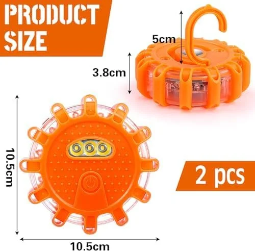 2 عدد چراغ اضطراری LED جاده ای قابل شارژ USB، چراغ هشدار کنار جاده ای دیسک چشمک زن با پایه مغناطیسی و قلاب، چراغ های هشدار ضد آب با 9 حالت چشمک زن (شامل باتری)