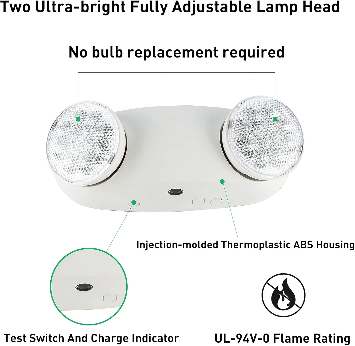 چراغ خروج اضطراری LED OSTEK با 2 چراغ سیل‌آسا قابل تنظیم، چراغ‌های اضطراری برای کسب‌وکار، باتری پشتیبان 90 دقیقه‌ای، مقاوم در برابر آتش 120-277 ولت (UL 94V-0) (تک بسته)