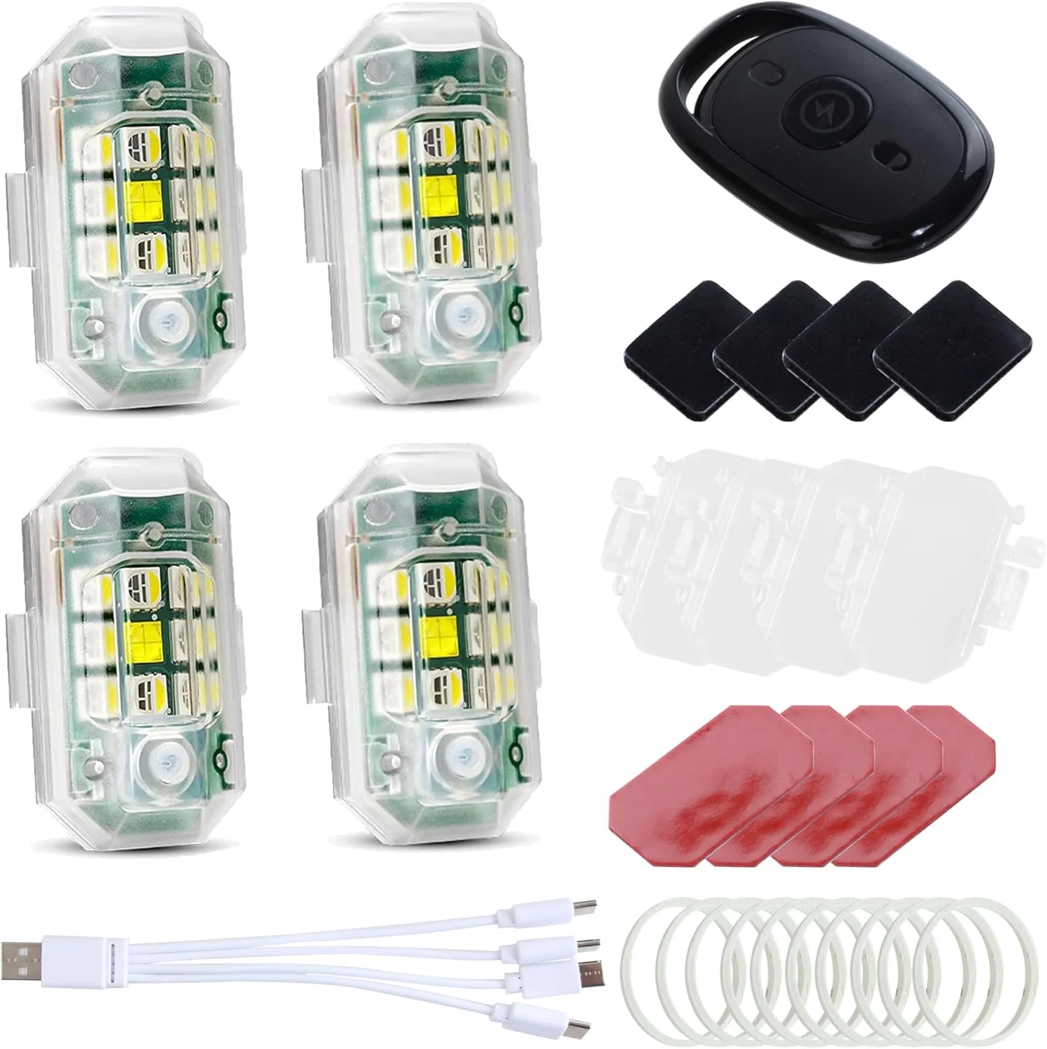 چراغ استروب بی‌سیم KEWAYO، 4 عدد چراغ اضطراری LED ضد برخورد با کنترل از راه دور، چراغ عقب سیگنال شبانه قابل شارژ USB با 7 رنگ و روشنایی بالا، برای کامیون، موتورسیکلت، ماشین، پهپاد و دوچرخه