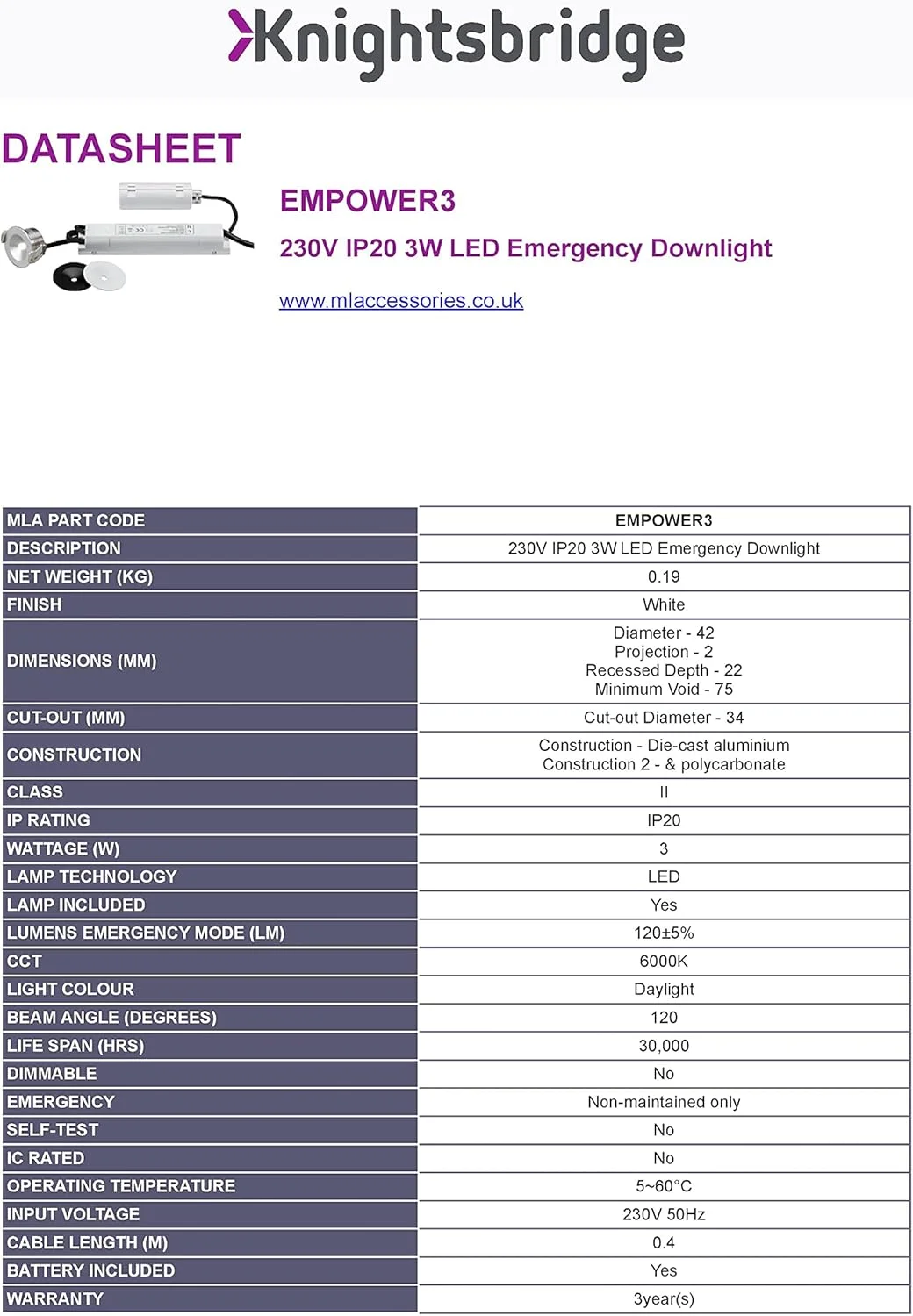 چراغ سقفی اضطراری ال ای دی 3 وات نایتسبریج EMPOWER3 با ولتاژ 230 ولت و درجه حفاظت IP20