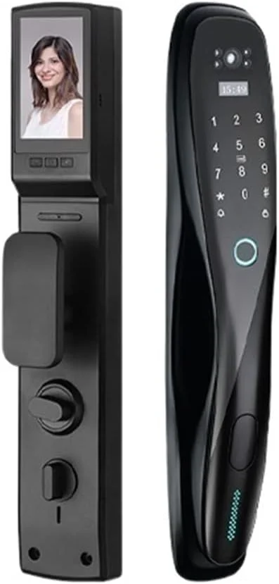 دستگیره درب هوشمند JAHLGT قفل درب هوشمند اثر انگشتی دیجیتال وای فای صفحه نمایش متصل ارسال عکس به موبایل (مشکی)