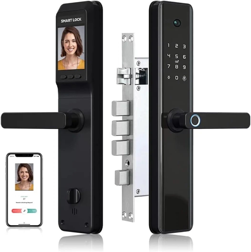 قفل درب هوشمند Inwa با دوربین ویدئویی، قفل وای فای با زنگ درب، اثر انگشت بیومتریک قابل شارژ، کارت، کلید، باز کردن قفل از راه دور با برنامه، قفل خودکار با مورتس 6068