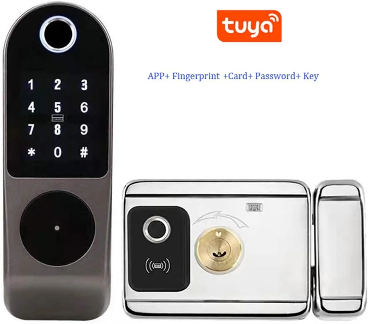 قفل درب اثر انگشتی JDIUQOP، قفل هوشمند با اپلیکیشن Tuya، قفل اثر انگشتی دو طرفه، قفل ضد آب امنیتی برای خانه، قفل دیجیتال رمز عبور RFID، قفل درب بدون کلید با دستگیره بالابر برای قفل کردن (Tuya دو طرفه)
