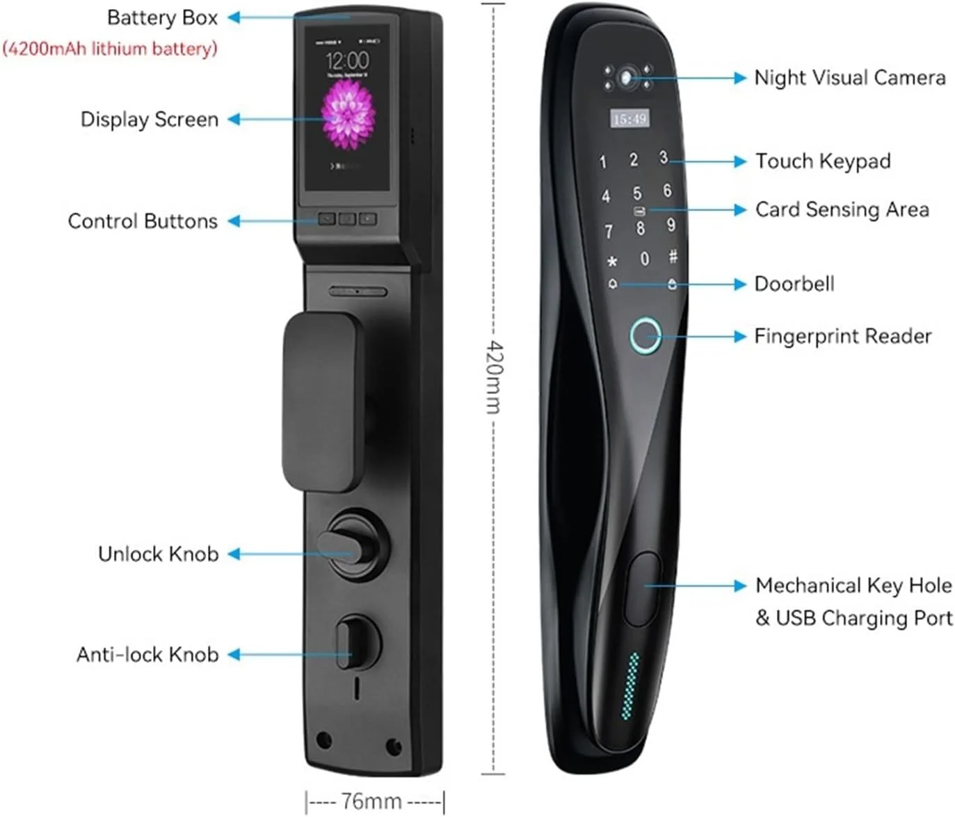 دستگیره درب هوشمند JAHLGT قفل درب هوشمند اثر انگشتی دیجیتال وای فای صفحه نمایش متصل ارسال عکس به موبایل (مشکی)