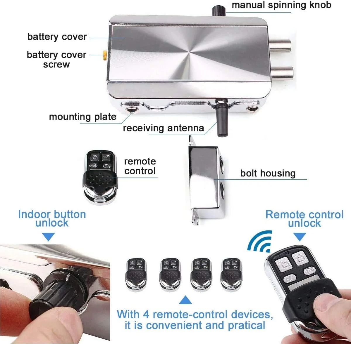 قفل درب الکترونیکی Deadbolt هوناتیج، سیستم کنترل دسترسی Deadbolt هوشمند بی سیم ضد سرقت برای امنیت خانه، بدون کلید، به همراه 4 ریموت کنترل