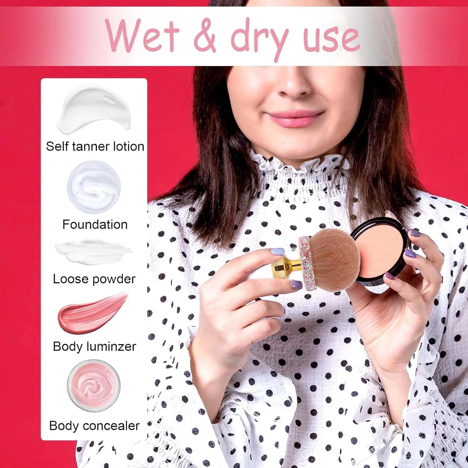 براش آرایشی بزرگ Qianyu برای برنزه کننده ها، ترکیب کردن، برنزه کننده خودکار، براش آرایشی بیضی شکل برای پشت و صورت، استفاده بی عیب و نقص بدون رگه، براش کابوکی، اپلیکاتور نگین دار با کیف بند دار