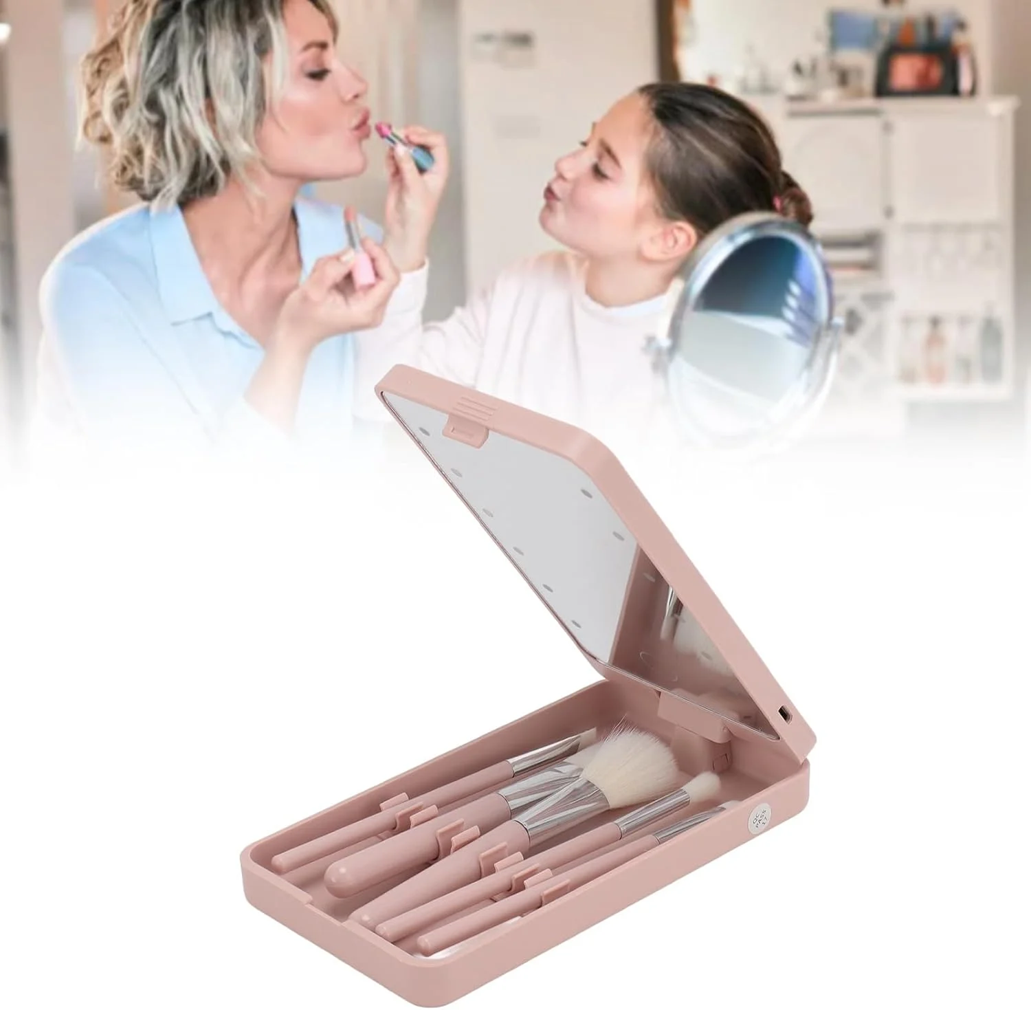 ست برس آرایشی مسافرتی عمومی، ست برس آرایشی مینی 5 تکه با کیف و آینه LED، کیت برس های آرایشی کوچک با عملکرد کامل، ایده آل برای خانم ها ست برس آرایشی مسافرتی عمومی، ست برس آرایشی مینی 5 تکه با کیف و آینه LED، کیت برس های آرایشی کوچک با عملکرد کامل، ایده آل برای خانم ها