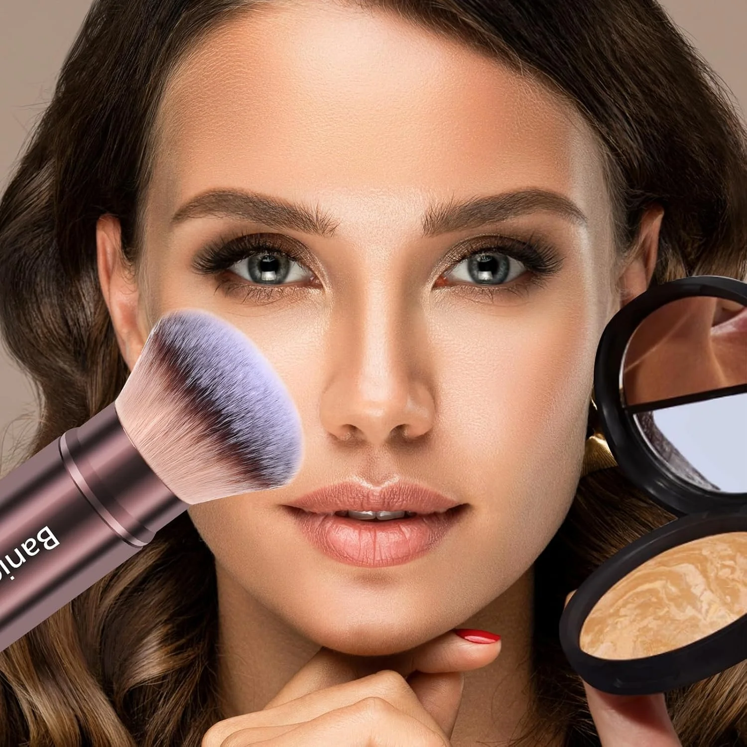 براش آرایشی بَنیدی، براش های کابوکی صورت، براش رژگونه مسافرتی جمع شونده، قابل حمل و بی نقص برای کرم پودر، رژگونه پودری، برنزر، پولیش، مایع، کرم، بدون تست حیوانی با پوشش (سر گرد)