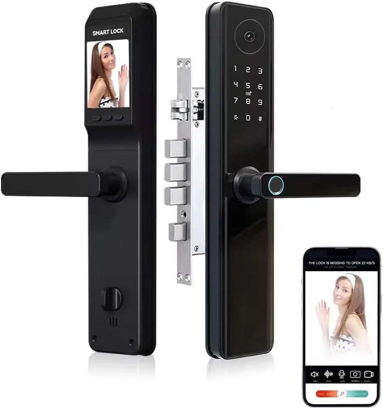 قفل هوشمند Grevceux با دوربین، نظارت بی‌درنگ، صدای دو طرفه، کنترل برنامه Tuya، قفل درب ورودی بدون کلید 5 در 1 با صفحه کلید، قفل اثر انگشت برای هتل، دفتر، خانه، Airbnb