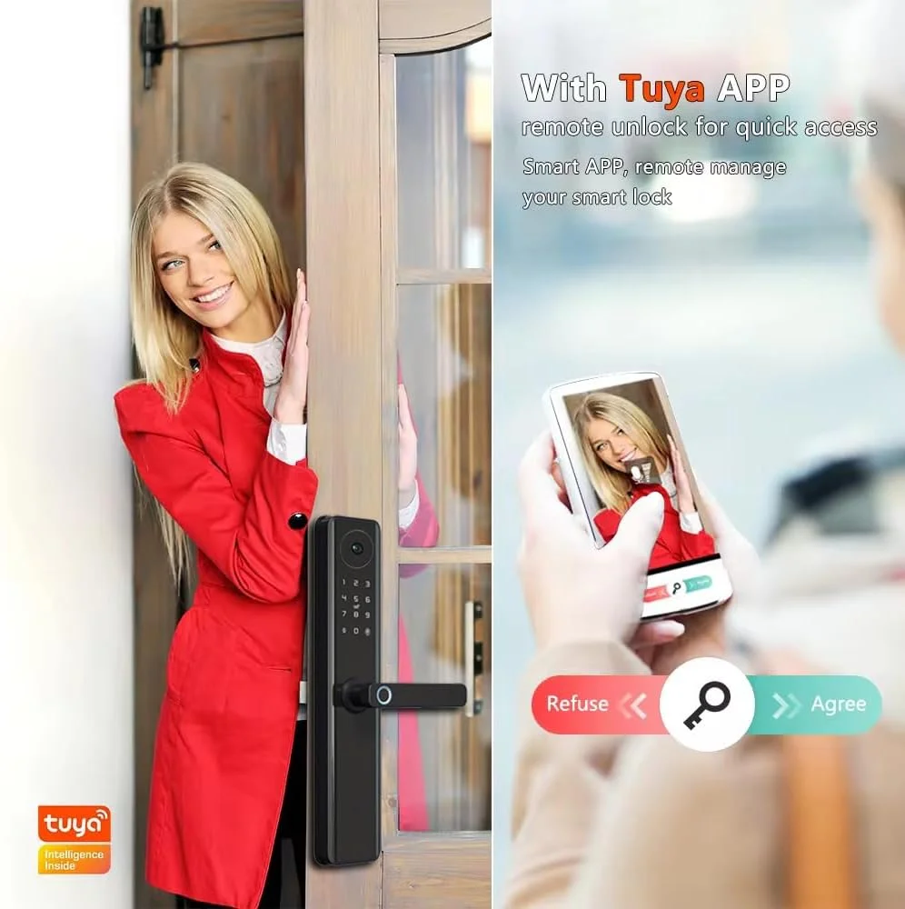 قفل هوشمند Grevceux با دوربین، نظارت بی‌درنگ، صدای دو طرفه، کنترل برنامه Tuya، قفل درب ورودی بدون کلید 5 در 1 با صفحه کلید، قفل اثر انگشت برای هتل، دفتر، خانه، Airbnb