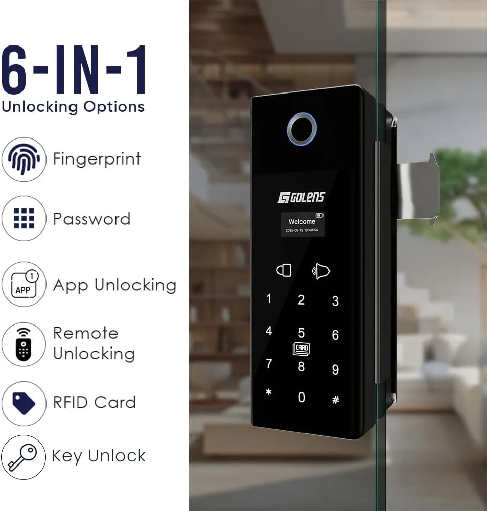 قفل درب شیشه ای هوشمند گولنز برای خانه/دفتر | WiFi | 6 روش باز کردن قفل، اثر انگشت، ریموت، پین، کارت IC، برنامه موبایل، کلید | قفل دیجیتال برای درب | اندازه استاندارد ضخامت شیشه 10-12 میلی متر (X37)