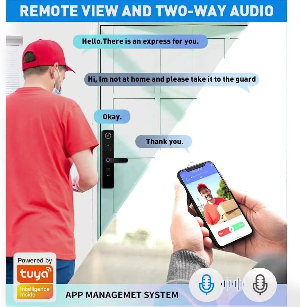 قفل هوشمند Grevceux با دوربین، نظارت بی‌درنگ، صدای دو طرفه، کنترل برنامه Tuya، قفل درب ورودی بدون کلید 5 در 1 با صفحه کلید، قفل اثر انگشت برای هتل، دفتر، خانه، Airbnb