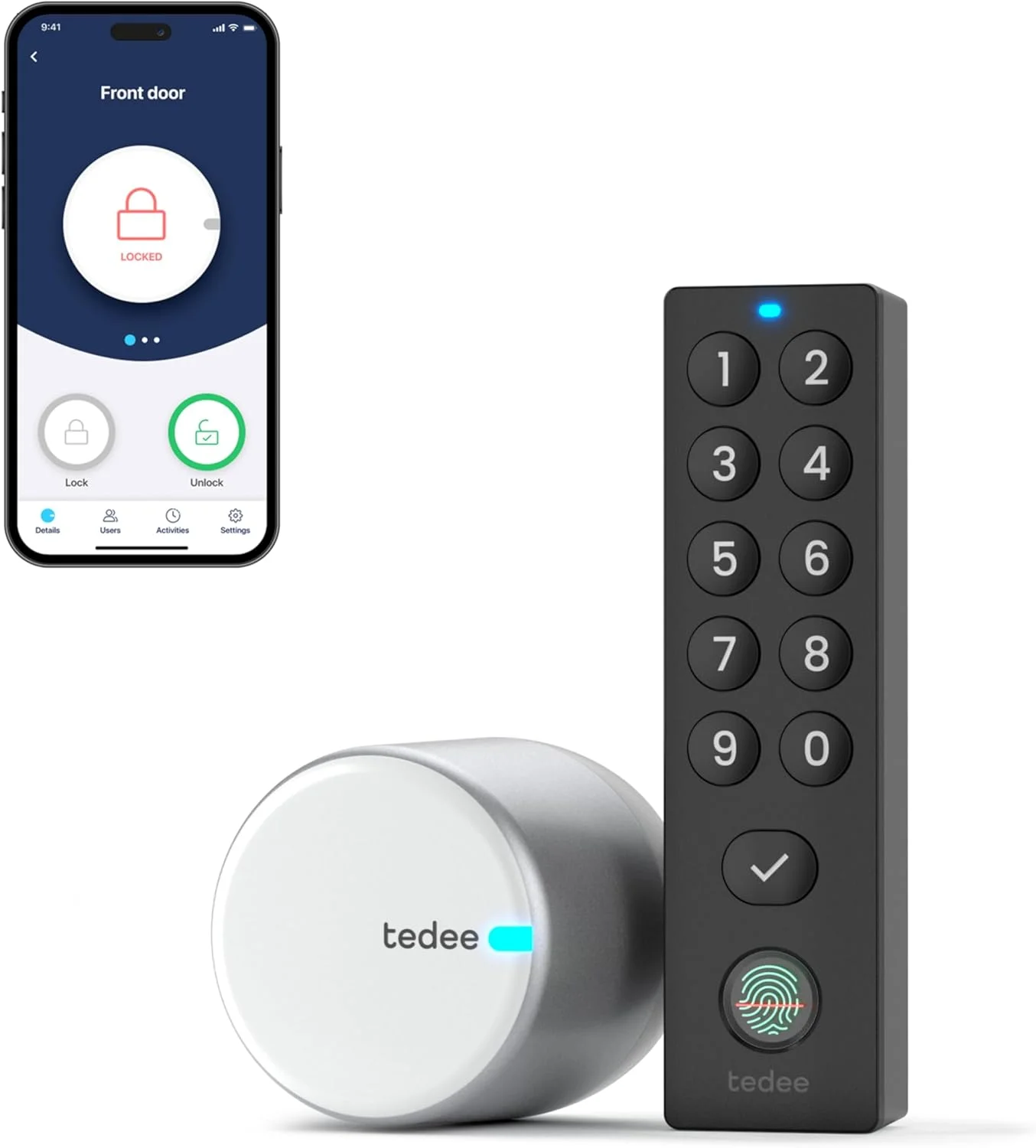 مجموعه Tedee GO2 | قفل درب هوشمند نقره ای | صفحه کلید بیومتریک PRO مشکی | راه حل خانه هوشمند برای iOS، Android | بلوتوث | قفل موتور | پین + اثر انگشت | بدون نیاز به سخت افزار نصب