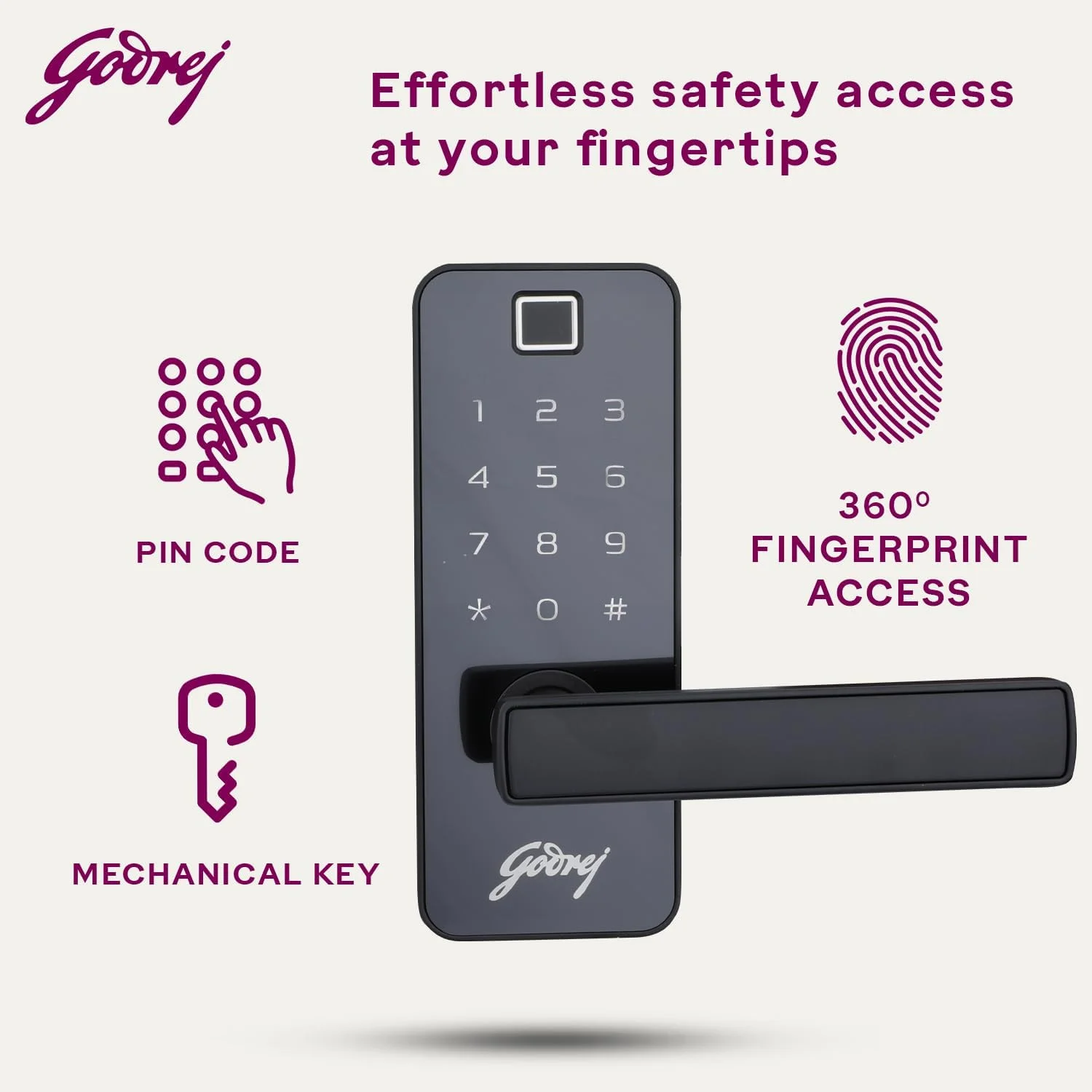 قفل دیجیتال فولادی گودرج مدل Catus Touch Pro | قفل هوشمند درب چوبی | دسترسی 3 در 1 | اثر انگشت | دسترسی با پین | کلید مکانیکی | عملکرد حریم خصوصی (مشکی)