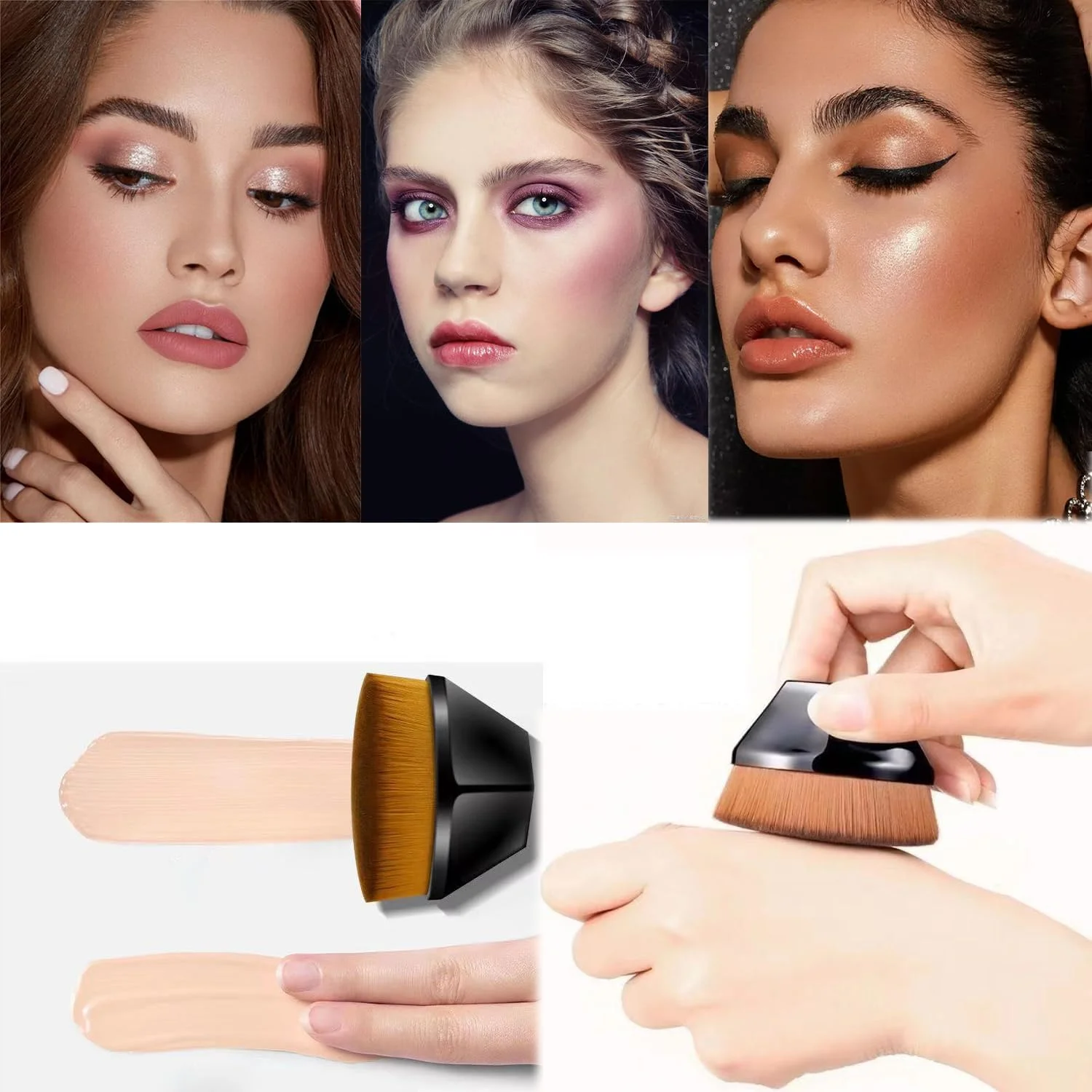 ست برس آرایشی Tecerrity Foundation، شامل برس رژگونه، کرم پودر مایع و پودر فیکس، مناسب برای ترکیب مواد آرایشی مایع و کرمی، به همراه گیره مو و هدبند، بسته 3 عددی