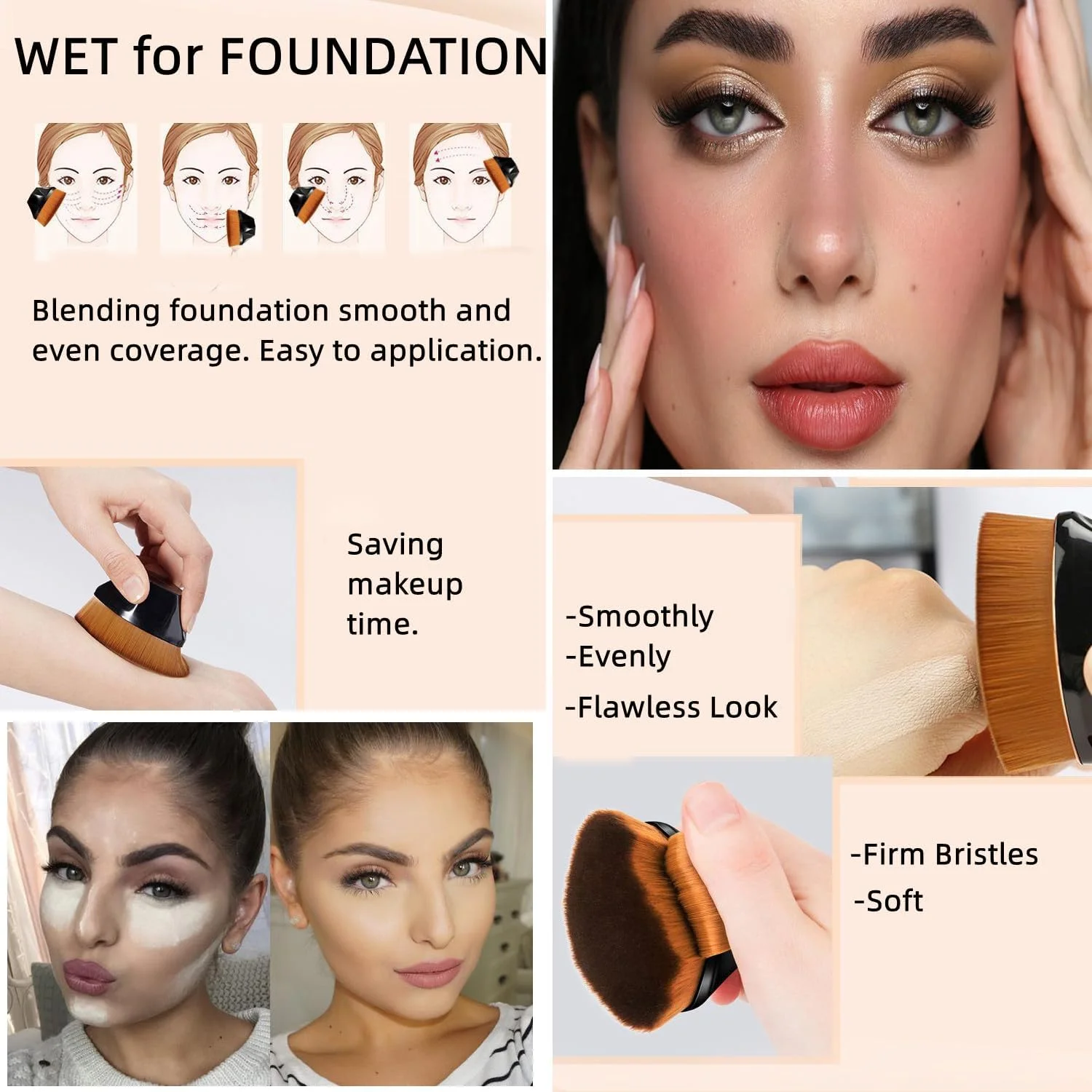 ست برس آرایشی Tecerrity Foundation، شامل برس رژگونه، کرم پودر مایع و پودر فیکس، مناسب برای ترکیب مواد آرایشی مایع و کرمی، به همراه گیره مو و هدبند، بسته 3 عددی