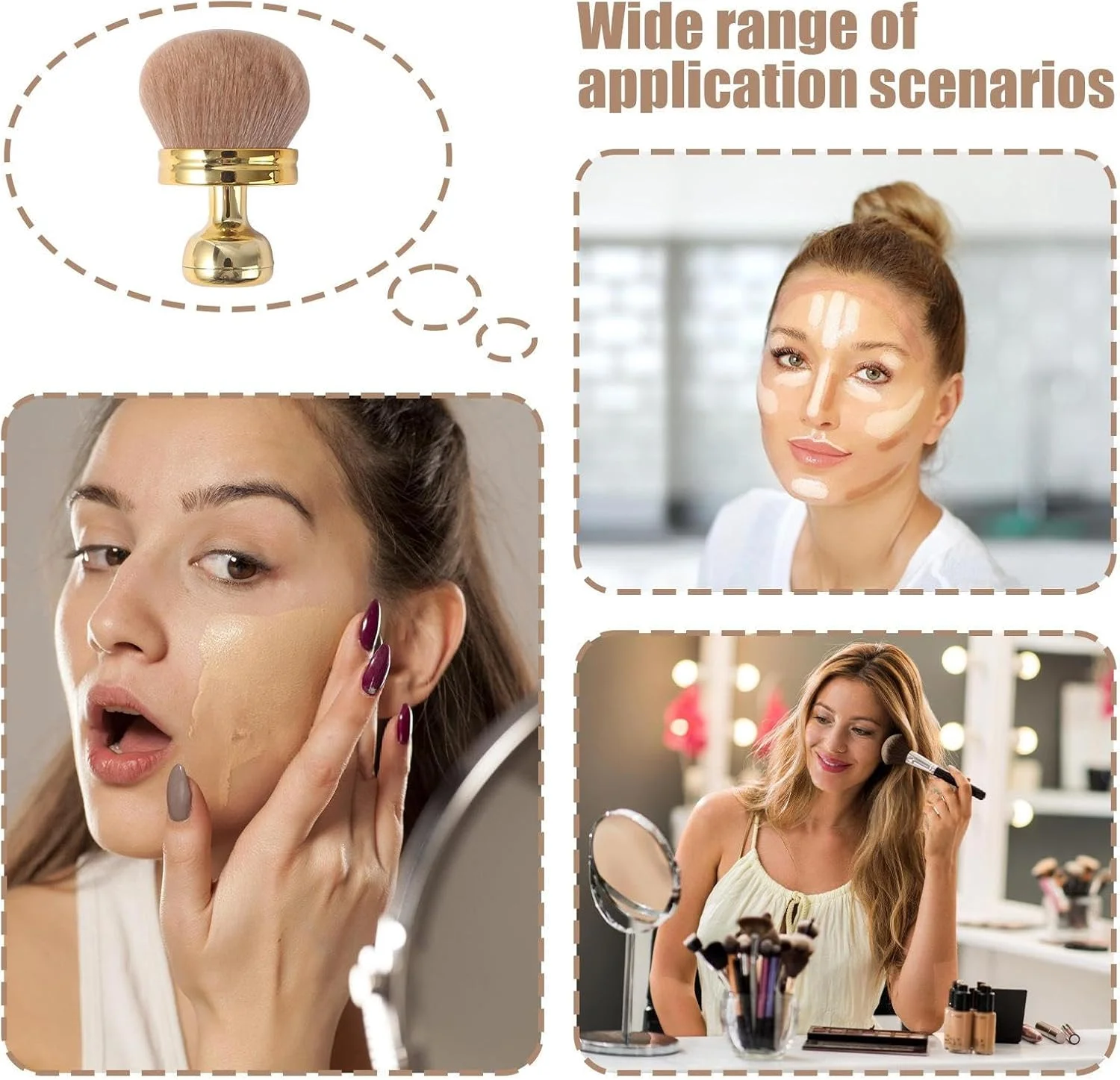 براش آرایشی بزرگ بدن، براش برنزه کننده و ضد آفتاب برای صورت و بدن، اپلیکاتور براش برنزه کننده پهن، براش بیضی پهن فونداسیون برای فونداسیون، ابزار پوشش یکنواخت لوازم آرایشی (طلایی)