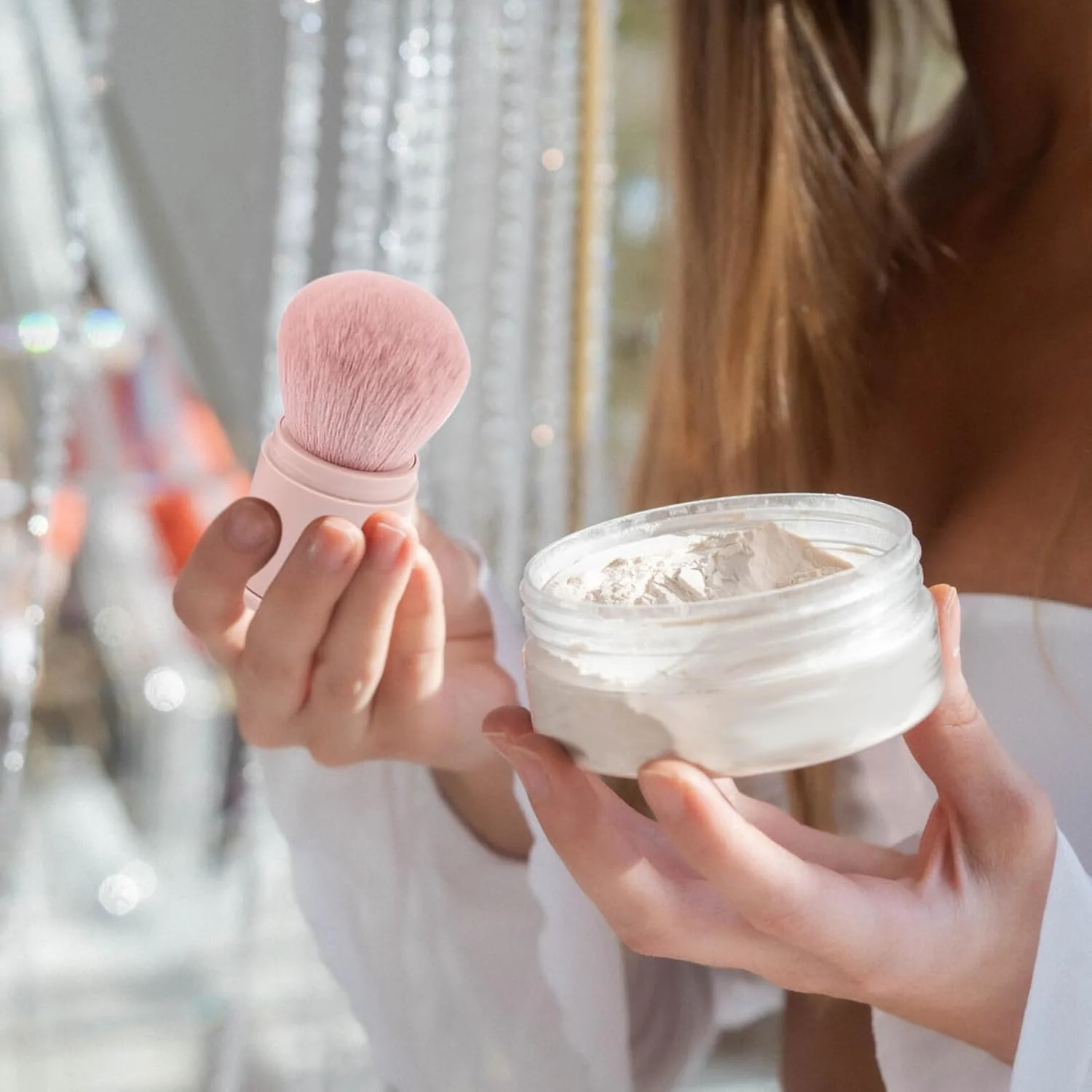 براش پودر فیکس، براش رژگونه تاشو مناسب مسافرت، براش آرایشی چند منظوره و نرم برای زیرسازی صورت بانوان