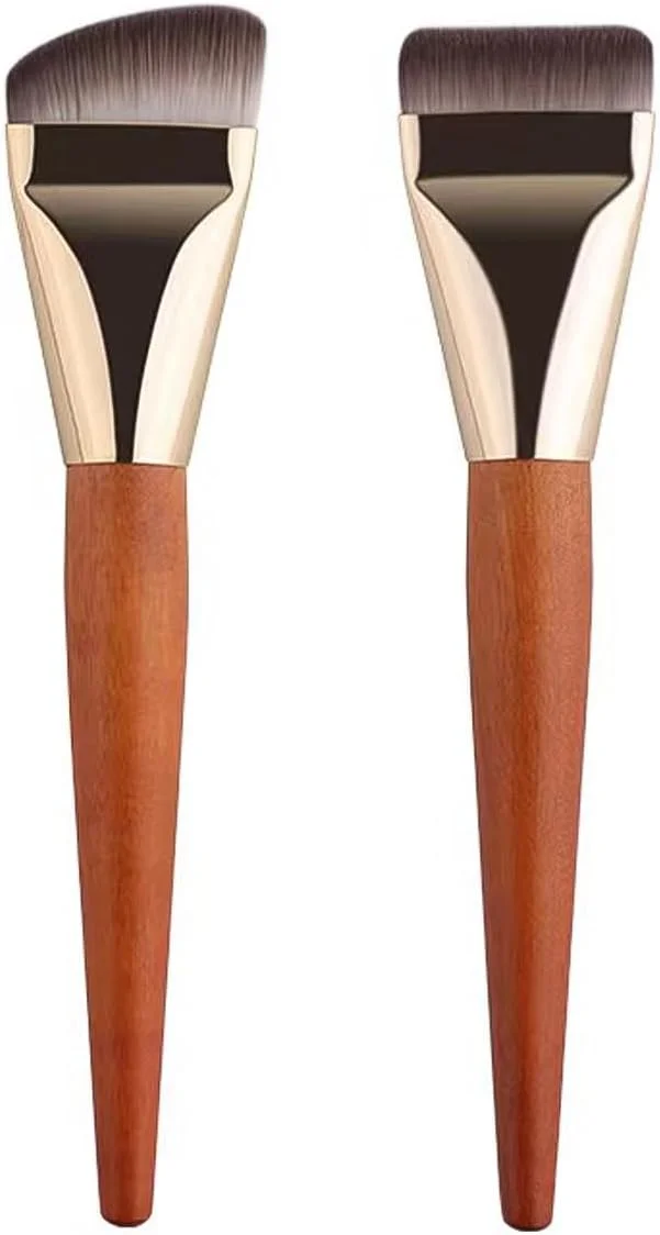 ست دو عددی برس آرایشی کرم پودر سارینی، دسته چوبی فوق العاده نازک، برس تخت کرم پودر برای آرایش مایع و پودری