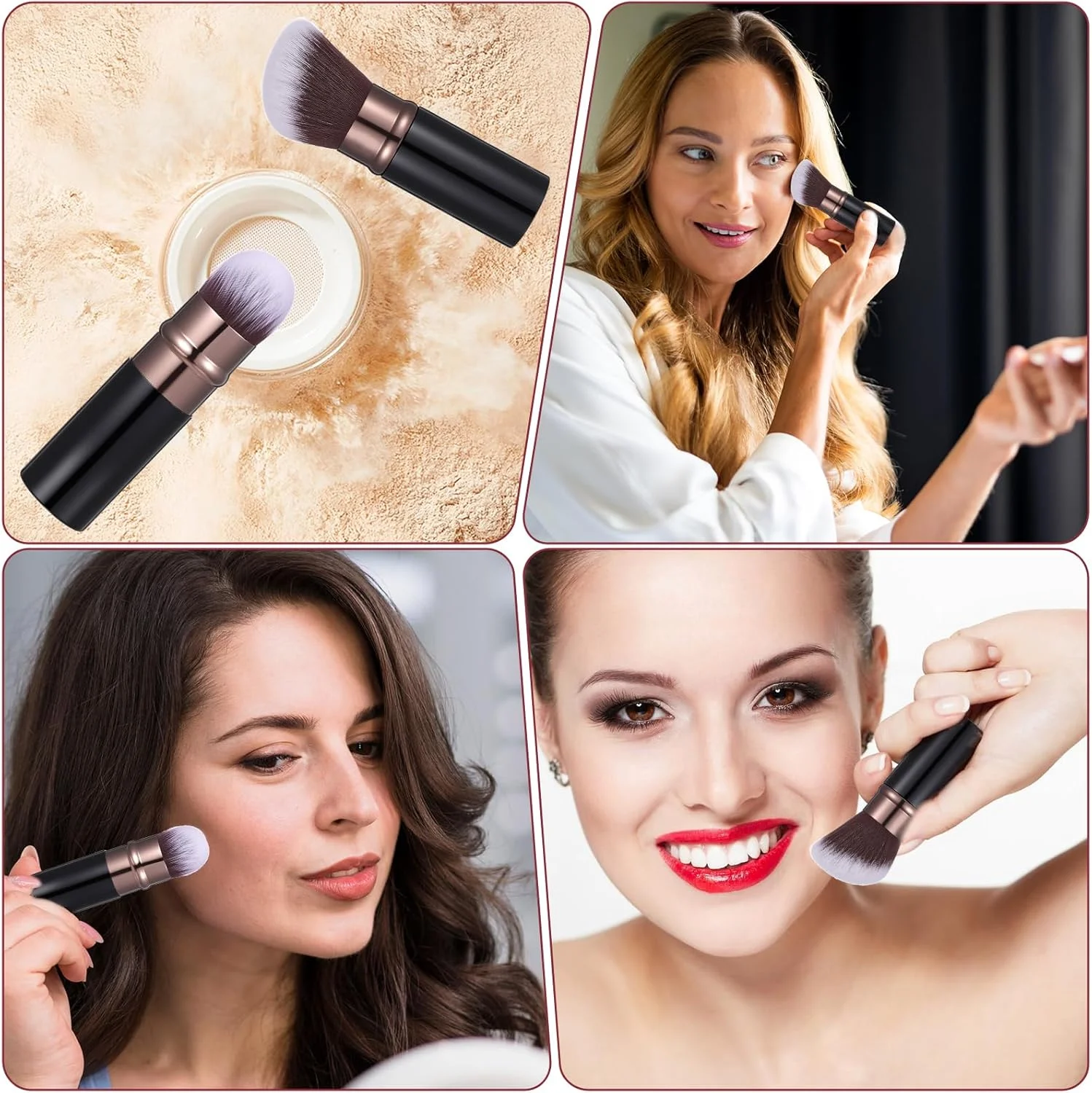 ست 2 عددی براش آرایشی کابوکی جمع شونده، براش قابل حمل پودر فیکس و کرم پودر با سر گرد و زاویه دار، مناسب برای رژگونه، برنزر، محو کردن و آرایش بی نقص