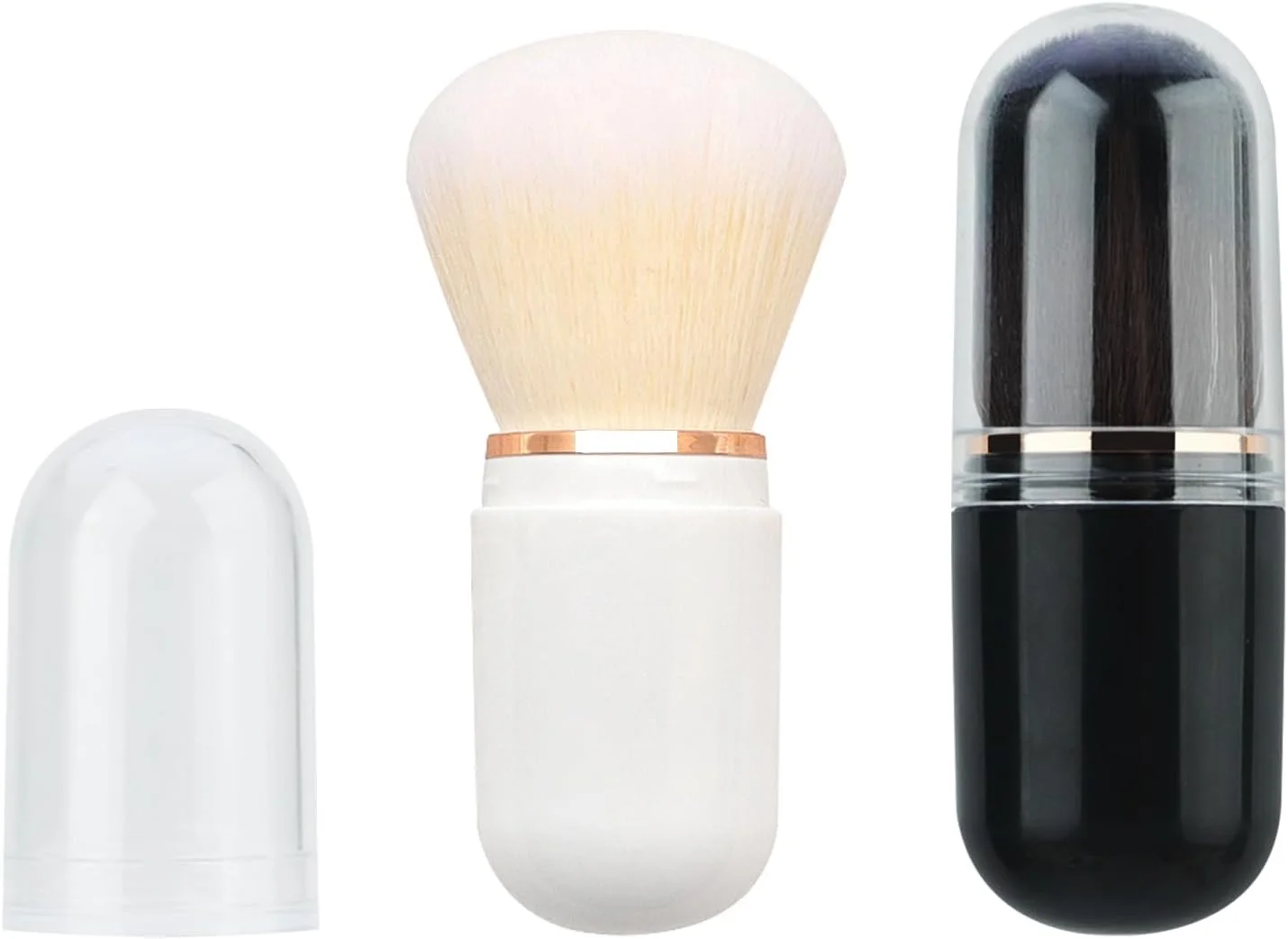 بسته 2 عددی براش آرایشی جمع شونده، براش کرم پودر مسافرتی، براش پودر مینی قابل حمل، براش رژگونه صورت با درپوش برای کرم پودر مایع، لوازم آرایشی پودری، کرم، مشکی و سفید