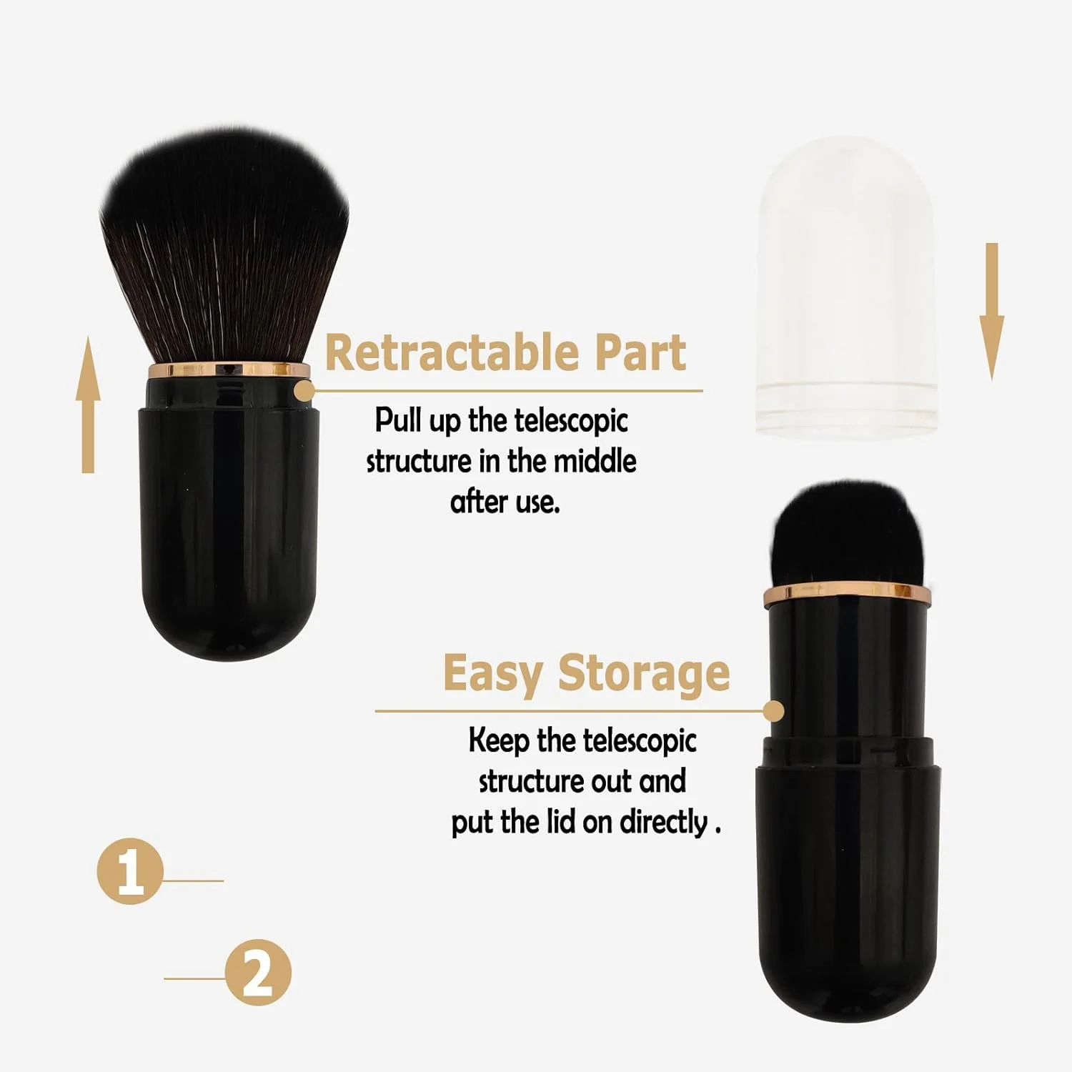 بسته 2 عددی براش آرایشی جمع شونده، براش کرم پودر مسافرتی، براش پودر مینی قابل حمل، براش رژگونه صورت با درپوش برای کرم پودر مایع، لوازم آرایشی پودری، کرم، مشکی و سفید