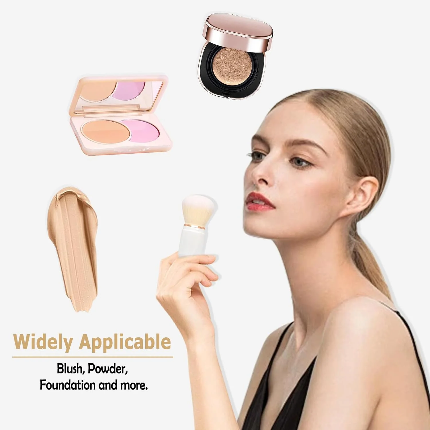 بسته 2 عددی براش آرایشی جمع شونده، براش کرم پودر مسافرتی، براش پودر مینی قابل حمل، براش رژگونه صورت با درپوش برای کرم پودر مایع، لوازم آرایشی پودری، کرم، مشکی و سفید