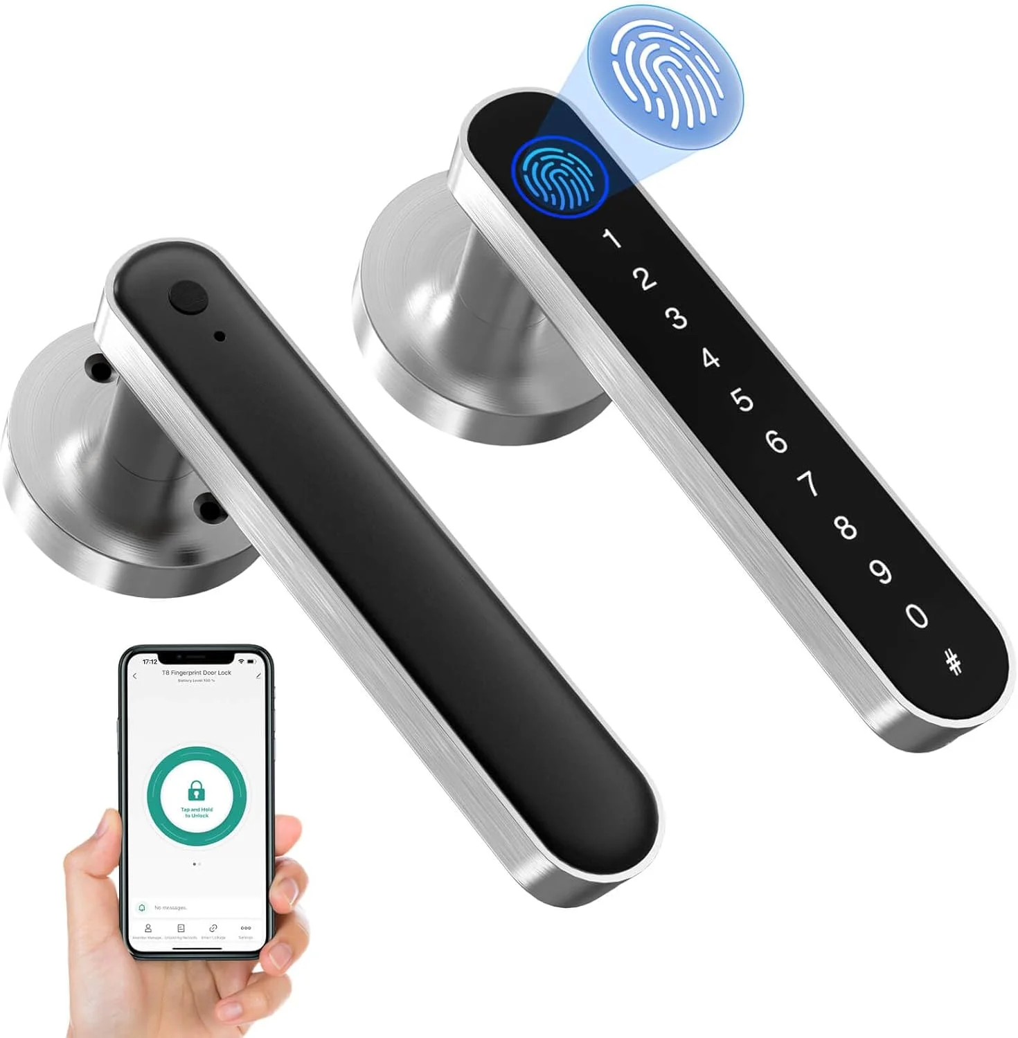 قفل درب اثر انگشتی eLinkSmart، قفل درب ورودی بدون کلید با دستگیره صفحه کلید، دستگیره درب هوشمند بیومتریک دیجیتال الکتریکی برای اتاق خواب، هتل، آپارتمان، درب داخلی - نقره ای