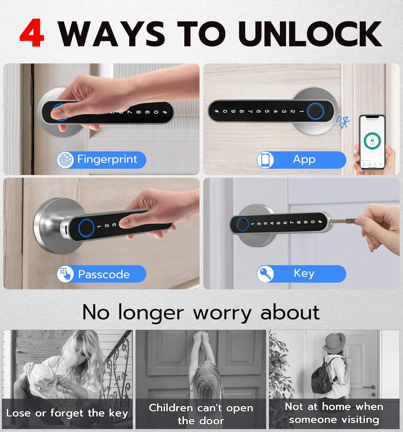 قفل درب اثر انگشتی eLinkSmart، قفل درب ورودی بدون کلید با دستگیره صفحه کلید، دستگیره درب هوشمند بیومتریک دیجیتال الکتریکی برای اتاق خواب، هتل، آپارتمان، درب داخلی - نقره ای