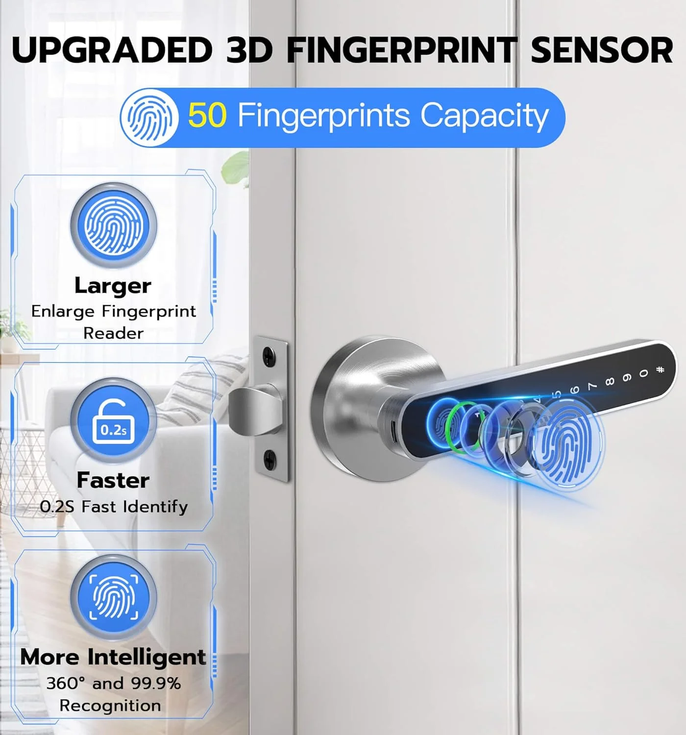 قفل درب اثر انگشتی eLinkSmart، قفل درب ورودی بدون کلید با دستگیره صفحه کلید، دستگیره درب هوشمند بیومتریک دیجیتال الکتریکی برای اتاق خواب، هتل، آپارتمان، درب داخلی - نقره ای