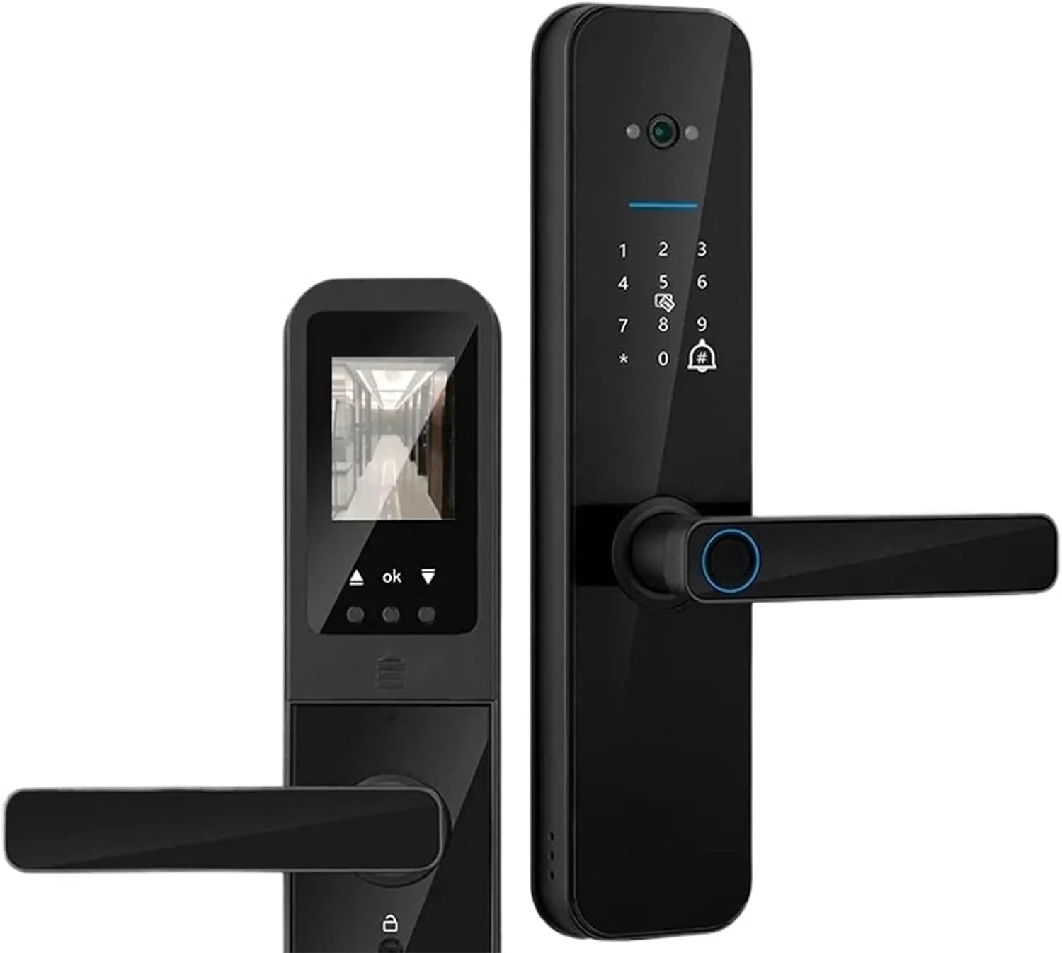 قفل درب هوشمند، قفل درب هوشمند الکترونیکی دیجیتال با دوربین بیومتریک، اثر انگشت، کارت هوشمند، رمز عبور، باز کردن قفل با کلید (220x22(5050))