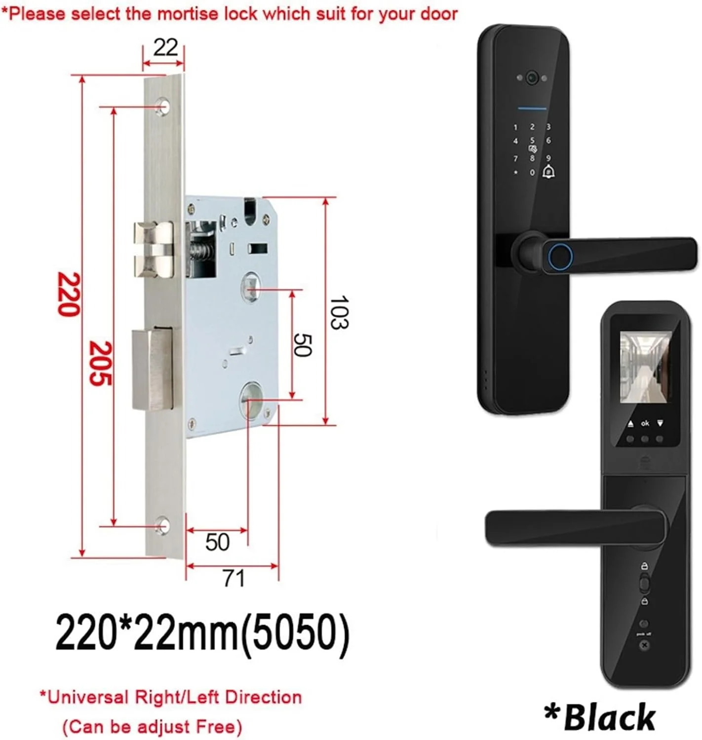 قفل درب هوشمند، قفل درب هوشمند الکترونیکی دیجیتال با دوربین بیومتریک، اثر انگشت، کارت هوشمند، رمز عبور، باز کردن قفل با کلید (220x22(5050))