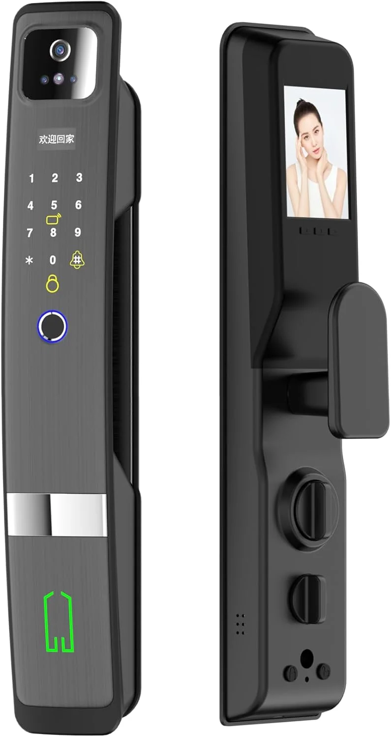 قفل درب دیجیتال هوشمند Pro laB با باز کردن قفل از طریق تشخیص چهره و اثر انگشت، نمایشگر دوربین، دسترسی صفحه کلید، قابلیت اتصال به وای فای، باز کردن قفل با کارت، مشکی به همراه کلید