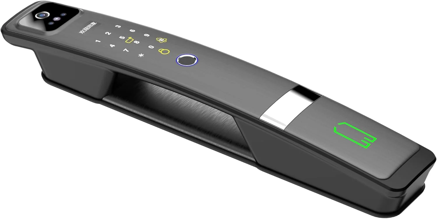 قفل درب دیجیتال هوشمند Pro laB با باز کردن قفل از طریق تشخیص چهره و اثر انگشت، نمایشگر دوربین، دسترسی صفحه کلید، قابلیت اتصال به وای فای، باز کردن قفل با کارت، مشکی به همراه کلید