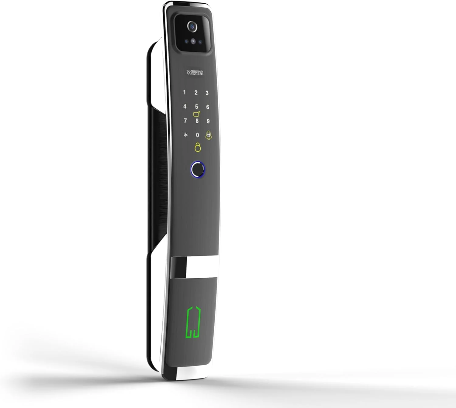 قفل درب دیجیتال هوشمند Pro laB با باز کردن قفل از طریق تشخیص چهره و اثر انگشت، نمایشگر دوربین، دسترسی صفحه کلید، قابلیت اتصال به وای فای، باز کردن قفل با کارت، مشکی به همراه کلید