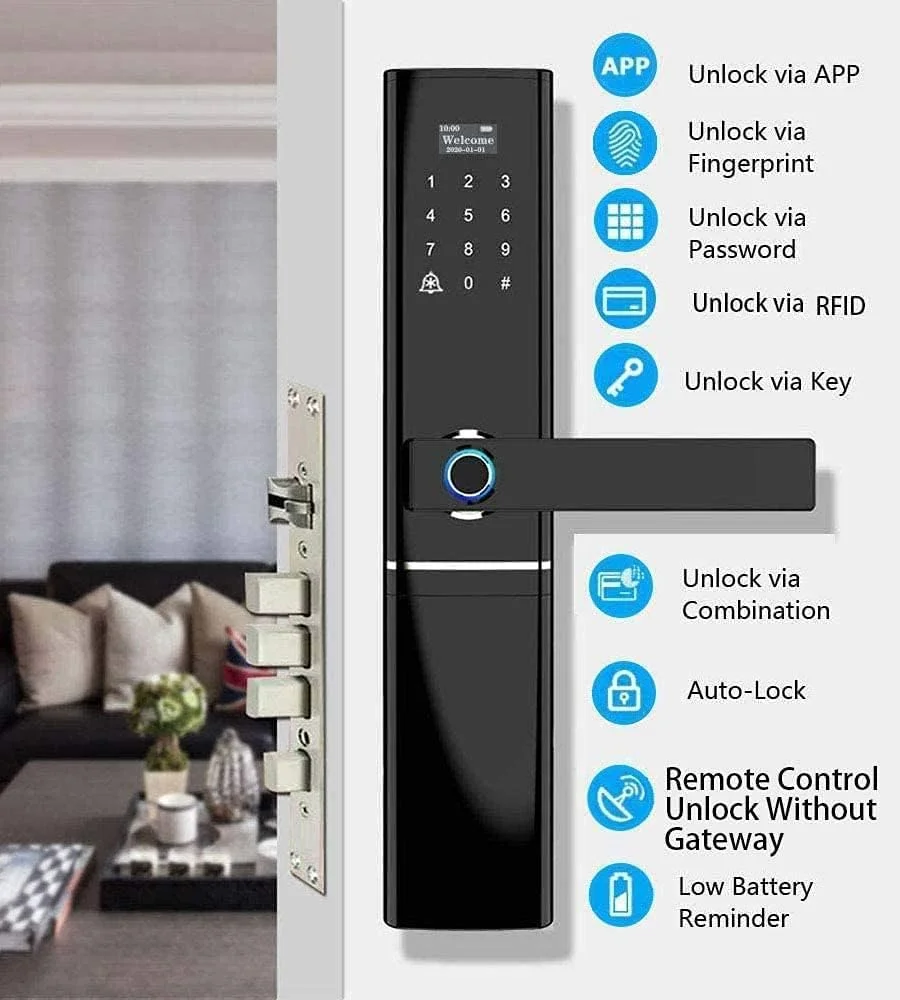 قفل درب اثر انگشتی و رمز عبور CARDORIA، قفل درب هوشمند دیجیتال بدون کلید، ورودی صفحه کلید با دستگیره | برنامه TUYA | کد ضد دید زدن | صفحه لمسی | کنترل از راه دور با پل Wi-Fi | برای خانه، آپارتمان