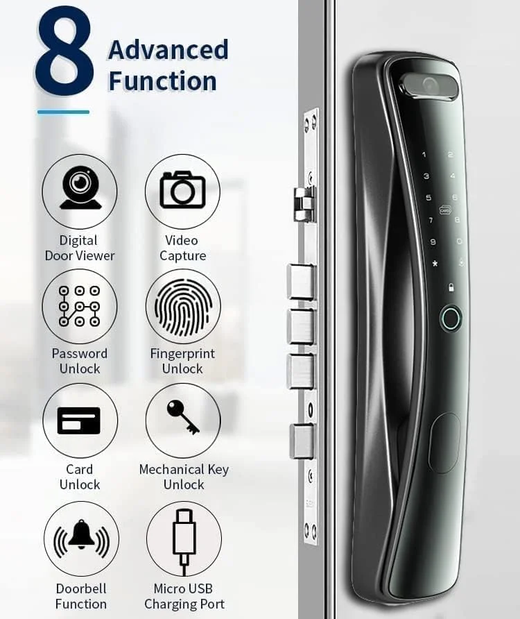 قفل درب هوشمند با دوربین، قفل درب بدون کلید، قفل درب کد وای فای الکترونیکی دیجیتال، قفل های هوشمند درب جلو خانه با برنامه U Smart Go کار می کند، قفل خودکار برای خانه، دفتر و Airbnb