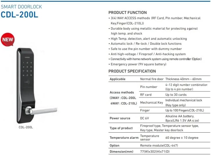 قفل درب هوشمند Commax CDL-200L با تگ کلید RF، ورود با صفحه کلید، قفل دیجیتال، دارای گواهینامه UL، ساخت کره قفل درب هوشمند Commax CDL-200L با تگ کلید RF، ورود با صفحه کلید، قفل دیجیتال، دارای گواهینامه UL، ساخت کره